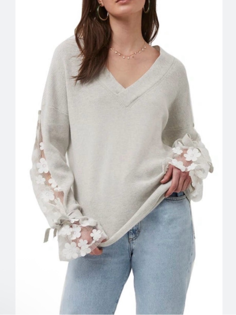 French Connection Caballo Lace 3D Flowers Sheer Sleeve Sweater